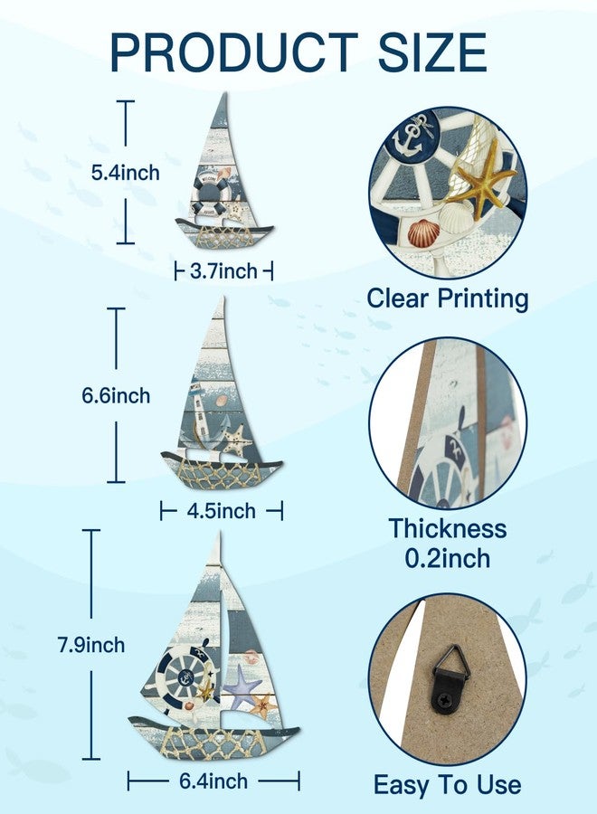 Putuo Decor 3 Pcs Coastal Grandma Sailboat Wall Decor, Wooden Nautical Boat Sculptures with Metal Hook, Beach Cottage Core Accents for Bedroom Bathroom Lake House - Image 3