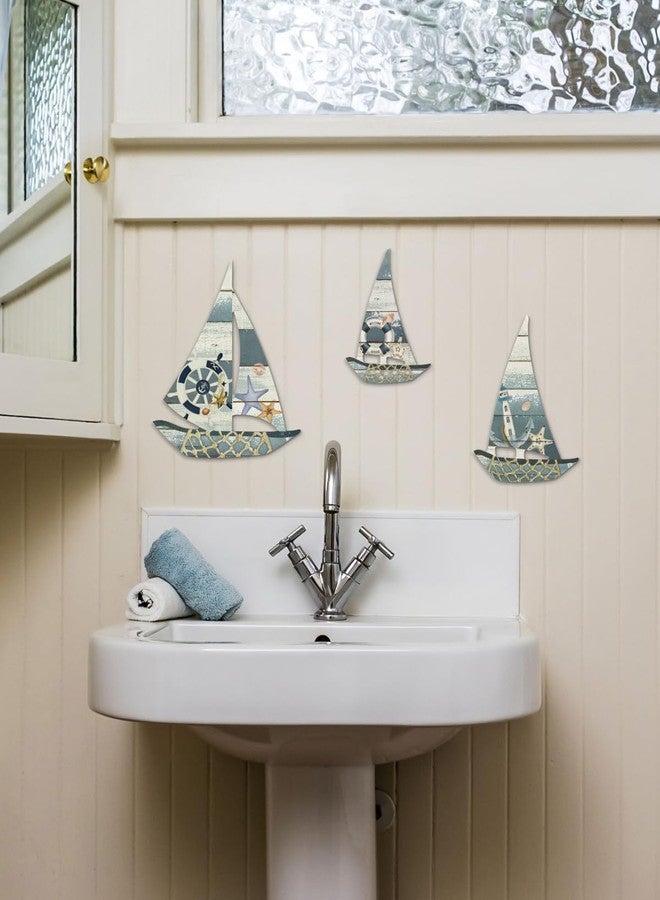 Putuo Decor 3 Pcs Coastal Grandma Sailboat Wall Decor, Wooden Nautical Boat Sculptures with Metal Hook, Beach Cottage Core Accents for Bedroom Bathroom Lake House - Image 4