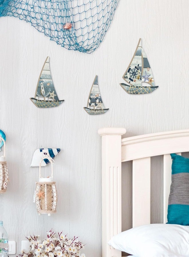 Putuo Decor 3 Pcs Coastal Grandma Sailboat Wall Decor, Wooden Nautical Boat Sculptures with Metal Hook, Beach Cottage Core Accents for Bedroom Bathroom Lake House - Image 5