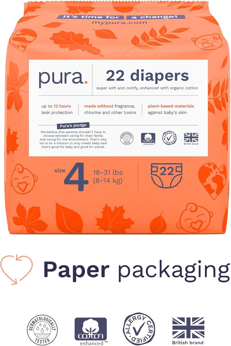 Pura Size 4 EcoFriendly Diapers 1831 lbs Hypoallergenic Soft Organic Cotton Sustainable up to 12 Hours Leak Protection Allergy UK Recyclable Packaging 6 Packs of 22 132 Diapers - Image 2