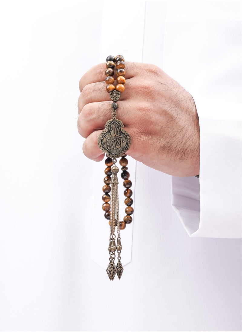 Subhati Gandeel Prayer Beads ( Misbah ) with metal Parts and Tiger Eye Stone | 8 MM Beads - 45  - Image 1