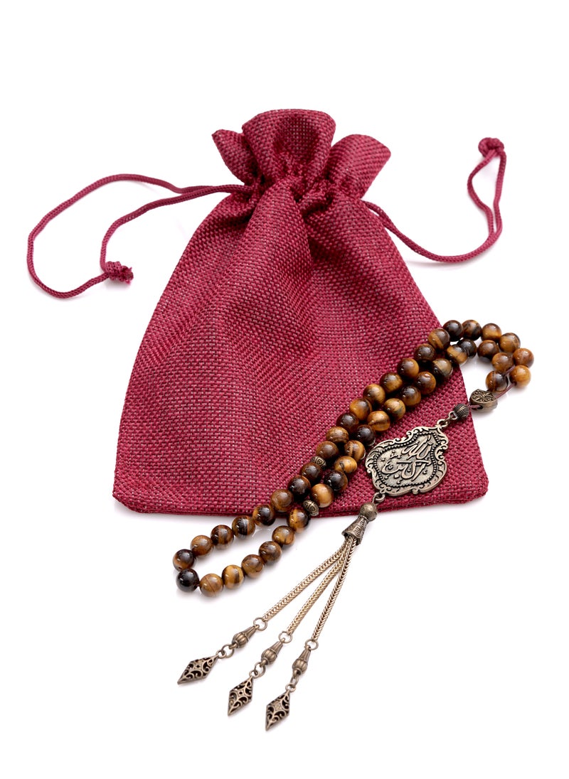 Subhati Gandeel Prayer Beads ( Misbah ) with metal Parts and Tiger Eye Stone | 8 MM Beads - 45  - Image 3