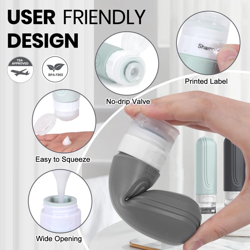 YIIMER Travel Bottles for Toiletries 8 Pack, TSA Approved Travel Size Toiletries Containers Set, 4 Silicone Leak Proof Refillable Bottles and 4 Creams Jars Accessories Kit W/Clear Bag (GRAY) - Image 4