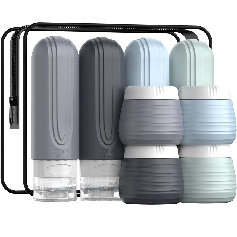 YIIMER Travel Bottles for Toiletries 8 Pack, TSA Approved Travel Size Toiletries Containers Set, 4 Silicone Leak Proof Refillable Bottles and 4 Creams Jars Accessories Kit W/Clear Bag (GRAY) - Image 1