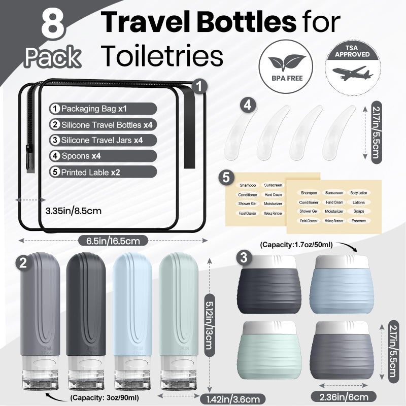 YIIMER Travel Bottles for Toiletries 8 Pack, TSA Approved Travel Size Toiletries Containers Set, 4 Silicone Leak Proof Refillable Bottles and 4 Creams Jars Accessories Kit W/Clear Bag (GRAY) - Image 3
