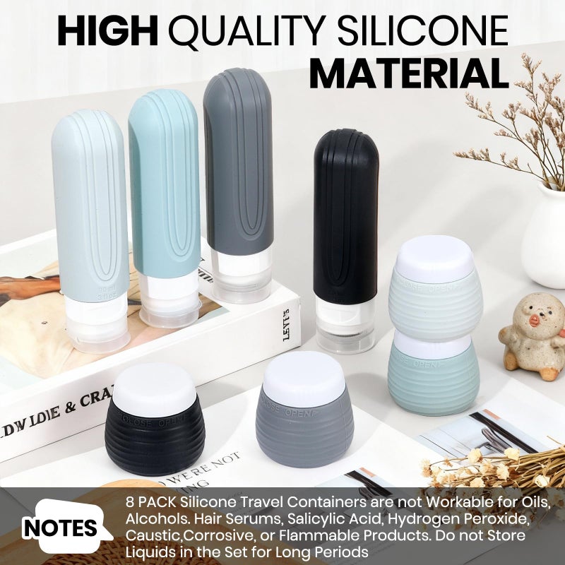 YIIMER Travel Bottles for Toiletries 8 Pack, TSA Approved Travel Size Toiletries Containers Set, 4 Silicone Leak Proof Refillable Bottles and 4 Creams Jars Accessories Kit W/Clear Bag (GRAY) - Image 2