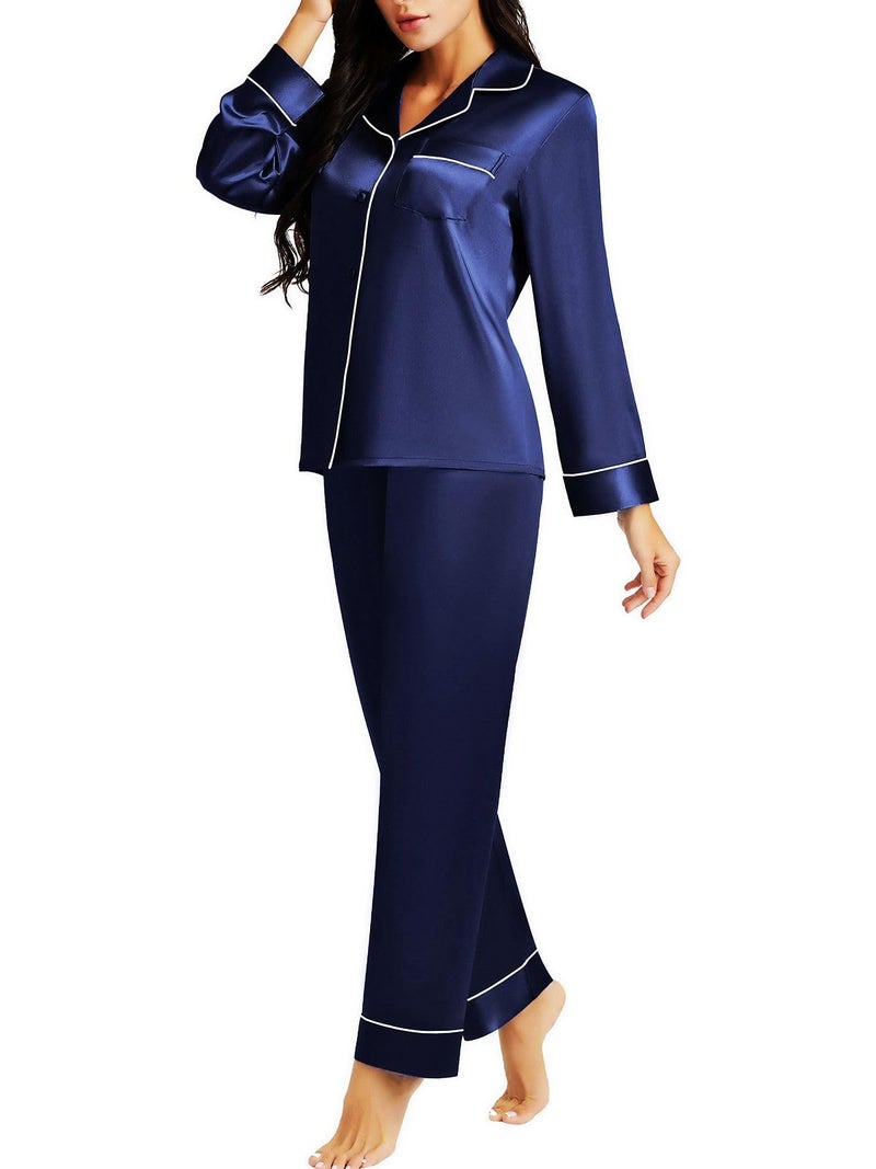 Lonxu Womens Silk Satin Pajamas Set Sleepwear Loungewear Navyblue XL - Image 1