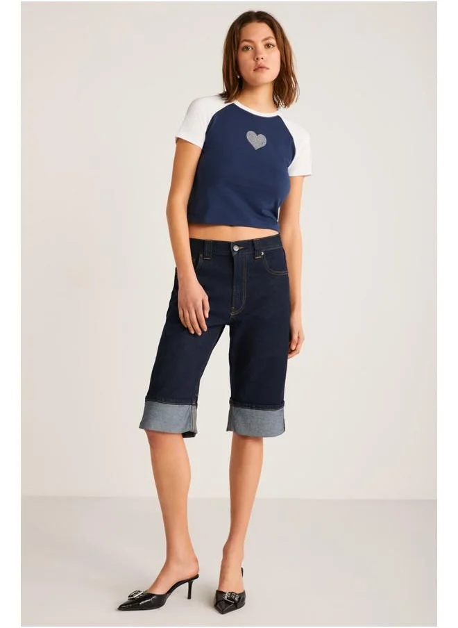 GRIMELANGE Grimelange Vane Women's Cotton Short Sleeve Printed Crop Navy/White T-Shirt