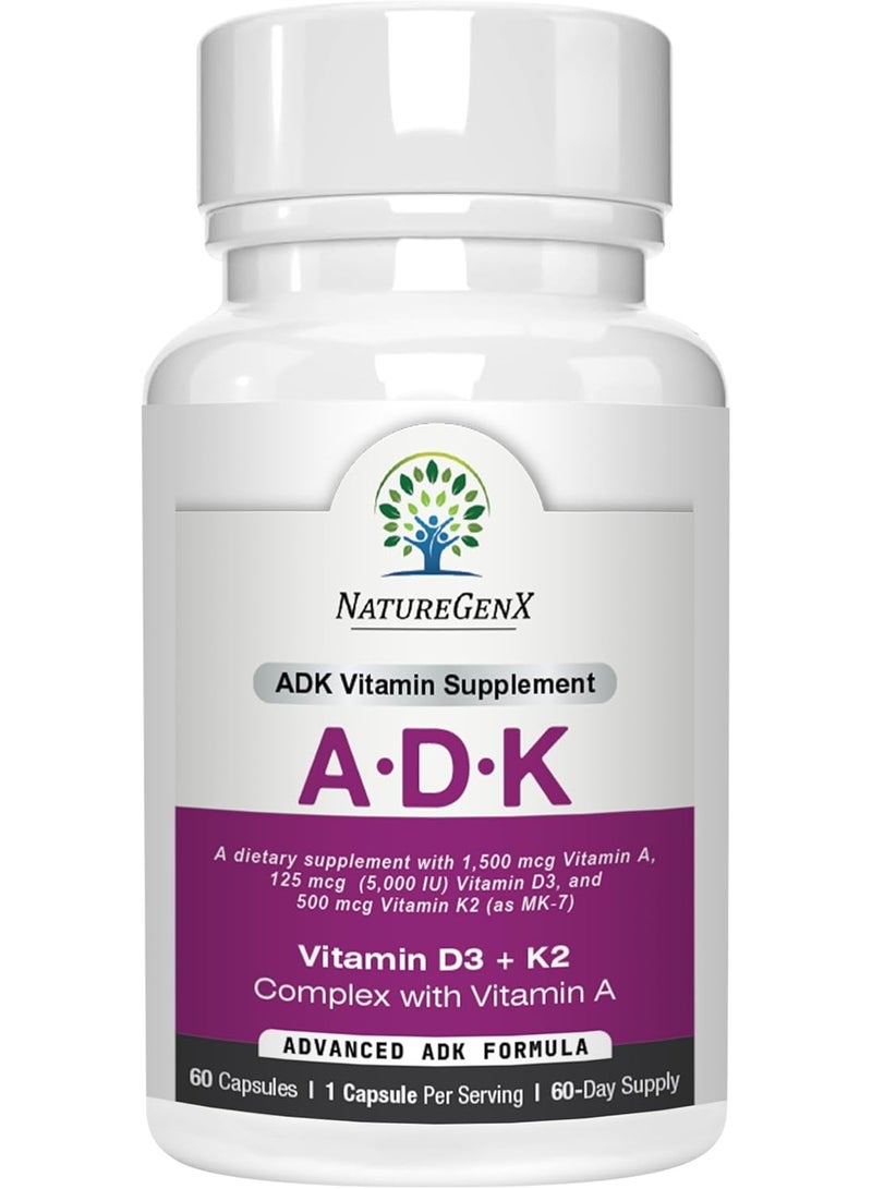 ناتشور جينكس مكمل غذائي NatureGenX ADK - صحة عظام معززة بفيتامينات عالية الفعالية A و D3 و K2، خالٍ من الغلوتين، صنع في الولايات المتحدة الأمريكية، 60 كبسولة - Image 1