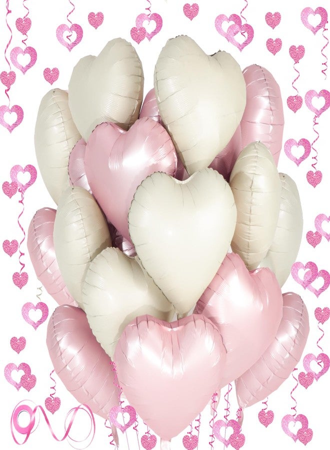 Douvelue Pink White Heart Balloons, 24Pcs 18Inch Baby Pink Cream White Foil Heart Shaped Love Balloons and 50Pcs Heart Hanging Streamer for Valentines Day Decorations, Birthday, Wedding Party - Image 1