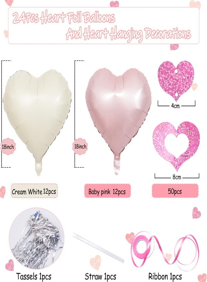 Douvelue Pink White Heart Balloons, 24Pcs 18Inch Baby Pink Cream White Foil Heart Shaped Love Balloons and 50Pcs Heart Hanging Streamer for Valentines Day Decorations, Birthday, Wedding Party - Image 2