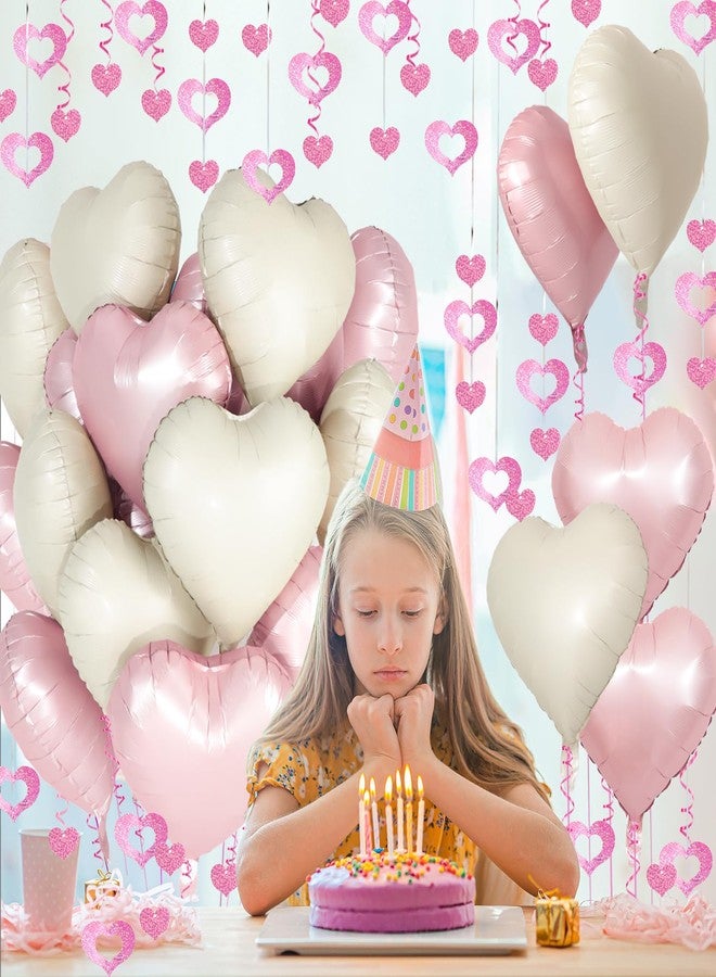 Douvelue Pink White Heart Balloons, 24Pcs 18Inch Baby Pink Cream White Foil Heart Shaped Love Balloons and 50Pcs Heart Hanging Streamer for Valentines Day Decorations, Birthday, Wedding Party - Image 5