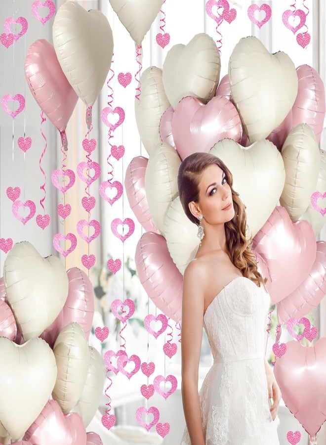 Douvelue Pink White Heart Balloons, 24Pcs 18Inch Baby Pink Cream White Foil Heart Shaped Love Balloons and 50Pcs Heart Hanging Streamer for Valentines Day Decorations, Birthday, Wedding Party - Image 4