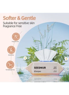 SEEDNUR Seednur Softer & Gentle Baby Water Wipes, Suitable for Sensitive Skin, Fragrance Free Pack of 2 (80 Sheets/Bag)  - Image 2