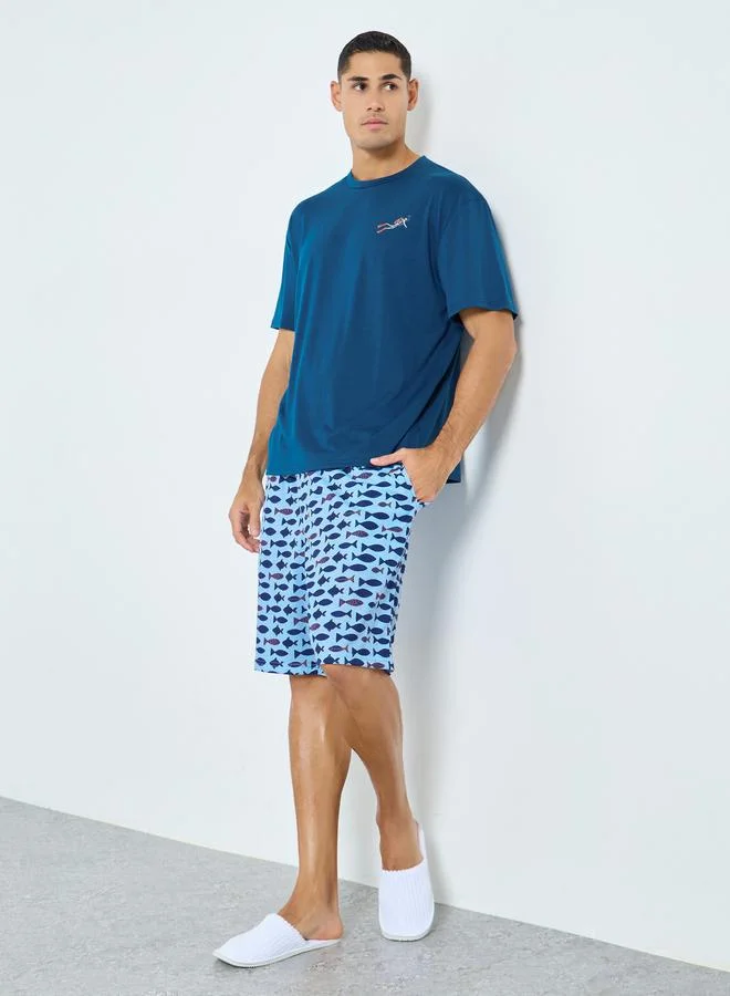Styli Men Blue Solid T-Shirt and Fish Print Shorts Pyjama Set