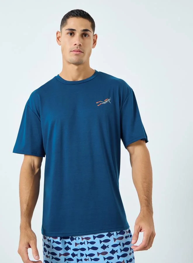 Styli  Styli Men Blue Solid T-Shirt and Fish Print Shorts Pyjama Set for Men | Best Price UAE