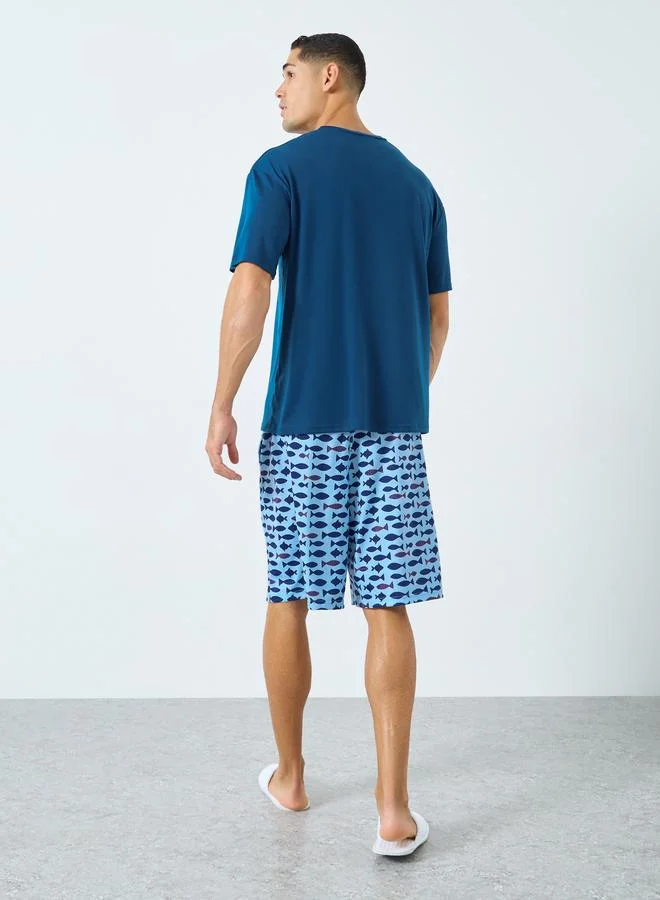 Styli  Styli Men Blue Solid T-Shirt and Fish Print Shorts Pyjama Set for Men | Best Price UAE