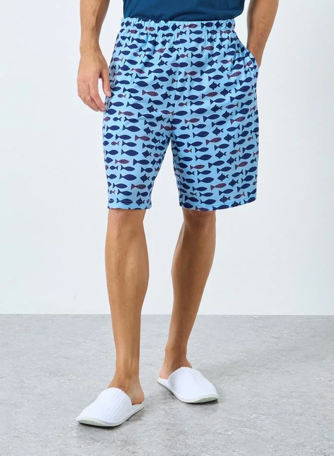 Styli  Styli Men Blue Solid T-Shirt and Fish Print Shorts Pyjama Set for Men | Best Price UAE
