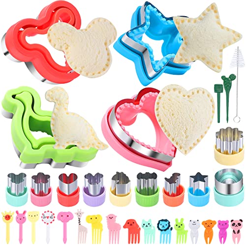 BakingWorld Sandwich Cutter and Sealer Set,14 Pcs Sandwich Maker Bread Cutters DIY Cookie Cutters Fruit Vegetable Cutter Shapes for Kids Boys & Girls Bento Lunch Box with 16 pcs Animal Food Picks - Image 1