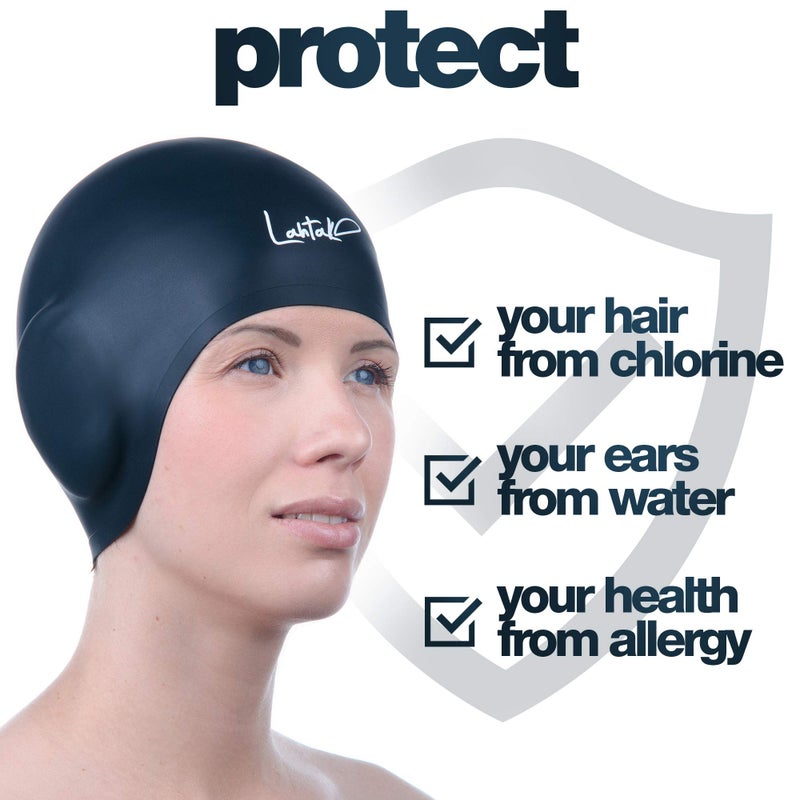Lahtak Swim Caps Ear Protection 3D - Swimming Cap for Women Men - Silicone Swim Cap Waterproof - Fits Long Hair & Short - Adult Swim Cap - Youth Swim Cap - Bathing Cap - Swim Hats (Black) - Image 3
