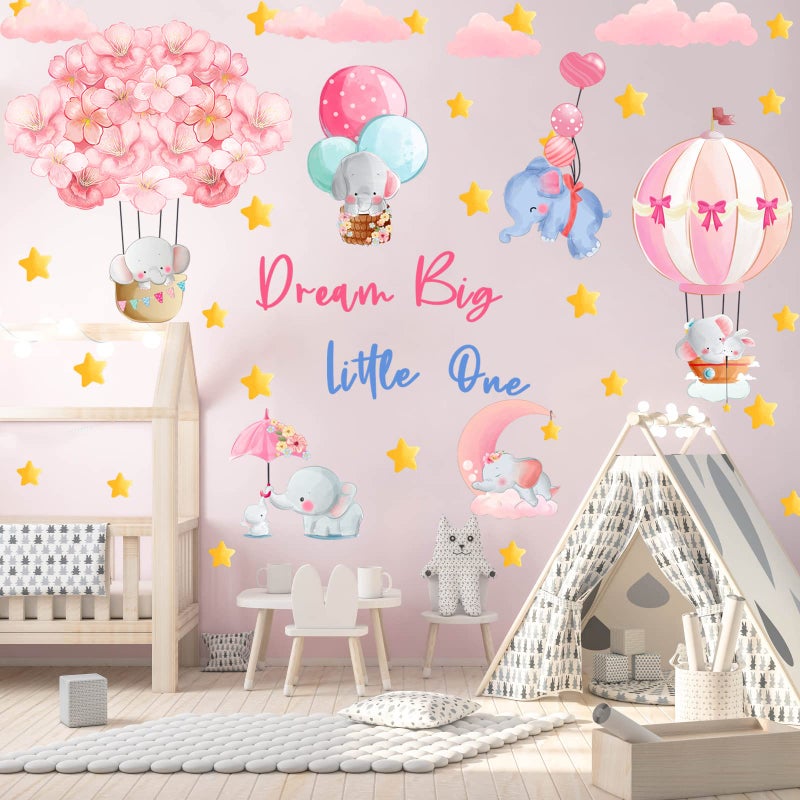 KOKOLAP Dream Big Little One Wall StickersPink Elephant Wall Decals Nursery DecorFlowers Hot Air Balloon Wall Sticker Baby Girl Room DecorCloud Stars Wall Decal for Kids Room Bedroom Playroom Decor