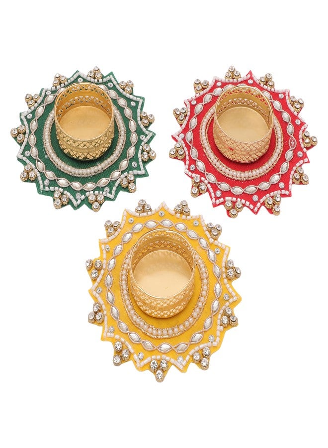 Aditri Creation Set of 3 Tea Light Holder T Light Holders Candle Stand Tealight Holders for Indian Traditional Festival Decorations Lighting Accessories Wedding Home Decor (Size:-4")(without Wax)(Red,Green,Yellow) - Image 1