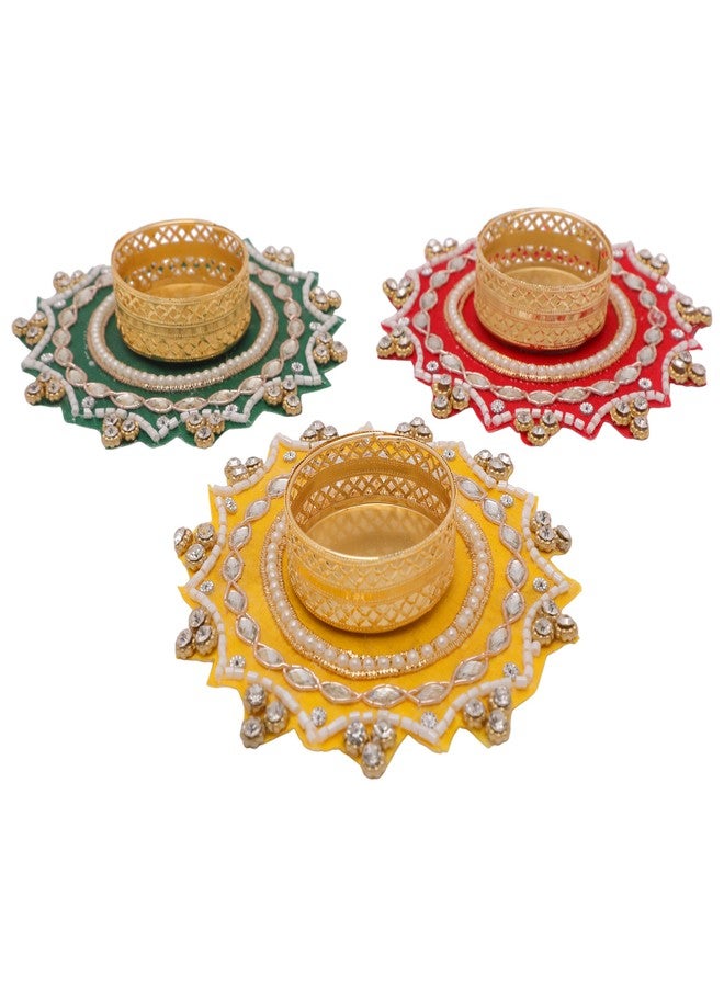 Aditri Creation Set of 3 Tea Light Holder T Light Holders Candle Stand Tealight Holders for Indian Traditional Festival Decorations Lighting Accessories Wedding Home Decor (Size:-4")(without Wax)(Red,Green,Yellow) - Image 3