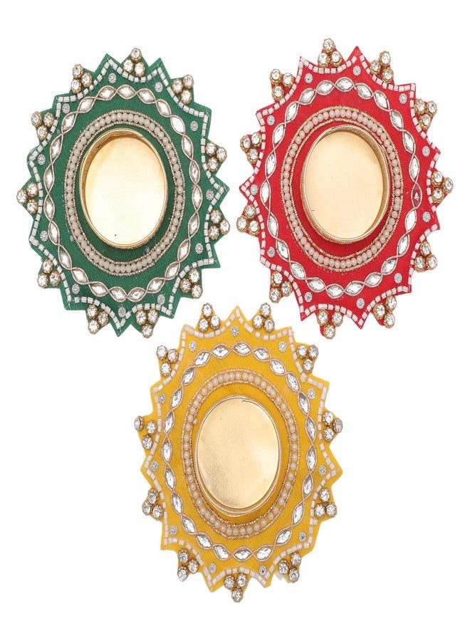 Aditri Creation Set of 3 Tea Light Holder T Light Holders Candle Stand Tealight Holders for Indian Traditional Festival Decorations Lighting Accessories Wedding Home Decor (Size:-4")(without Wax)(Red,Green,Yellow) - Image 2