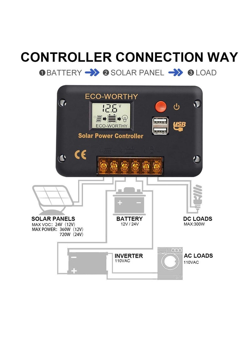 Excefore - 30A Solar Charger Controller, Solar Panel Battery Intelligent Regulator, with Dual USB Port Auto, PWM Positive Ground, LCD Display - Image 1