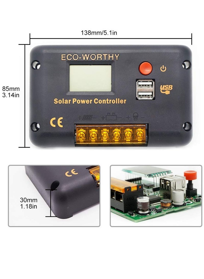 Excefore - 30A Solar Charger Controller, Solar Panel Battery Intelligent Regulator, with Dual USB Port Auto, PWM Positive Ground, LCD Display - Image 1