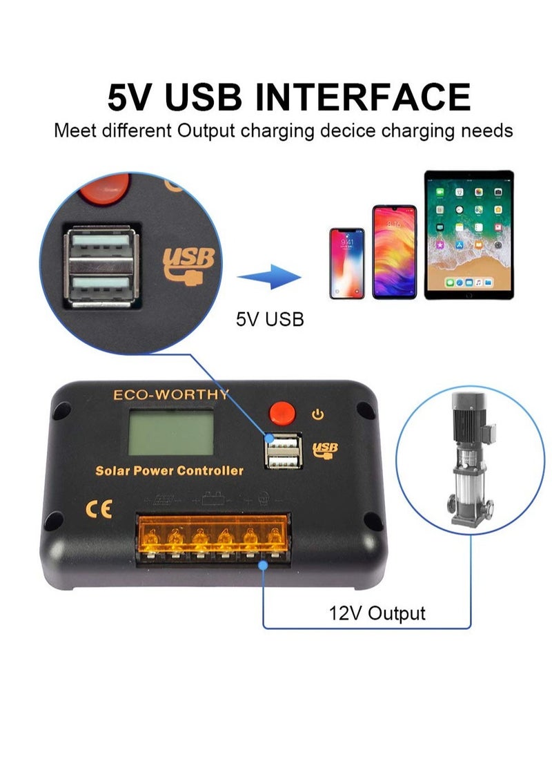 Excefore - 30A Solar Charger Controller, Solar Panel Battery Intelligent Regulator, with Dual USB Port Auto, PWM Positive Ground, LCD Display - Image 1