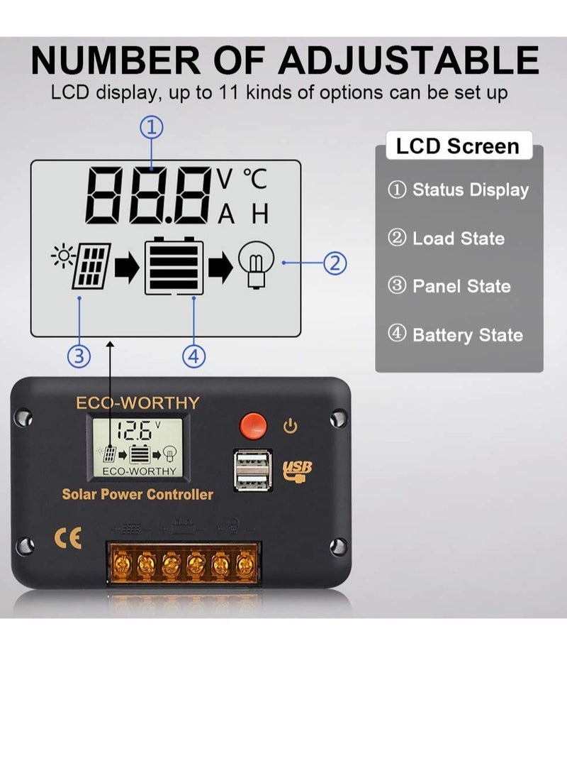 Excefore - 30A Solar Charger Controller, Solar Panel Battery Intelligent Regulator, with Dual USB Port Auto, PWM Positive Ground, LCD Display - Image 1