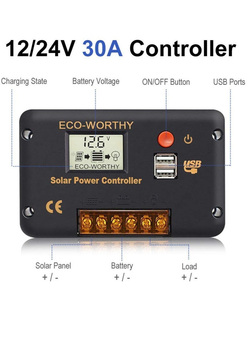 Excefore - 30A Solar Charger Controller, Solar Panel Battery Intelligent Regulator, with Dual USB Port Auto, PWM Positive Ground, LCD Display - Image 1