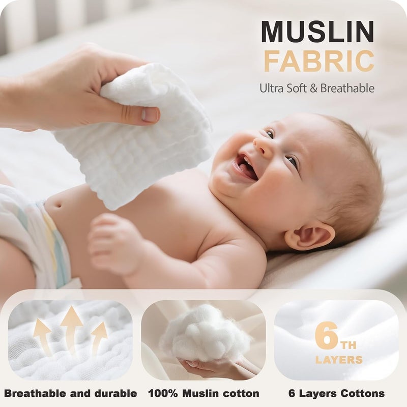 Cuddle Campus Baby Washcloths 6 Packs, Muslin Washcloths Baby,Cotton Burp Cloths, Extra Absorbent and Soft Wash Clothes for Newborns, 12x12 Inches - Image 3