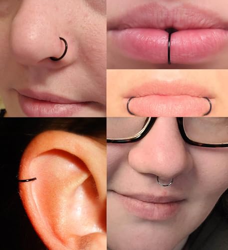 QWALIT Fake Piercings: Nose Ring, Septum, Lip, Ball Spikes, Labret Stud, Nose Stud, Stick-on Eyebrow, Snake Bites - Silver Black - Image 4