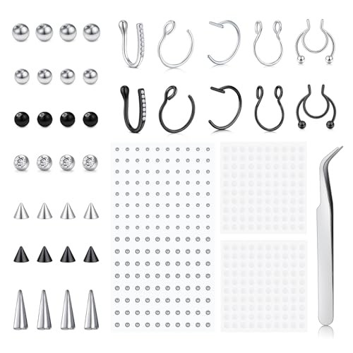 QWALIT Fake Piercings: Nose Ring, Septum, Lip, Ball Spikes, Labret Stud, Nose Stud, Stick-on Eyebrow, Snake Bites - Silver Black - Image 1