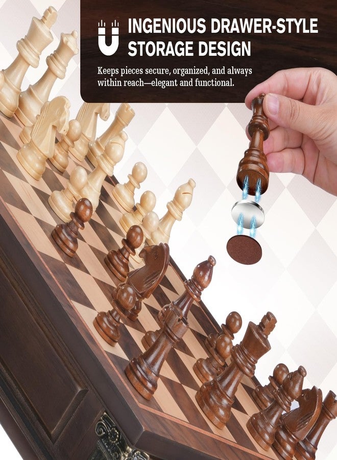 Peradix Magnetic Chess Set with 2 Built-in Storage Drawers, 15'' Wooden Strategy Board Games, 2 Extra Queens, Luxury Magnet Chess Game for Adults, Kids and Family Game Night, Gift Package - Image 4