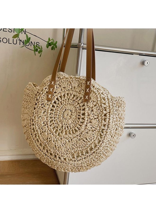 Yogodlns Yogodlns Summer Round Straw Bag For Women Vacation Woven Beach Bag Large Capacity Shoulder Bag Simple Shopping Handbag Tote sac