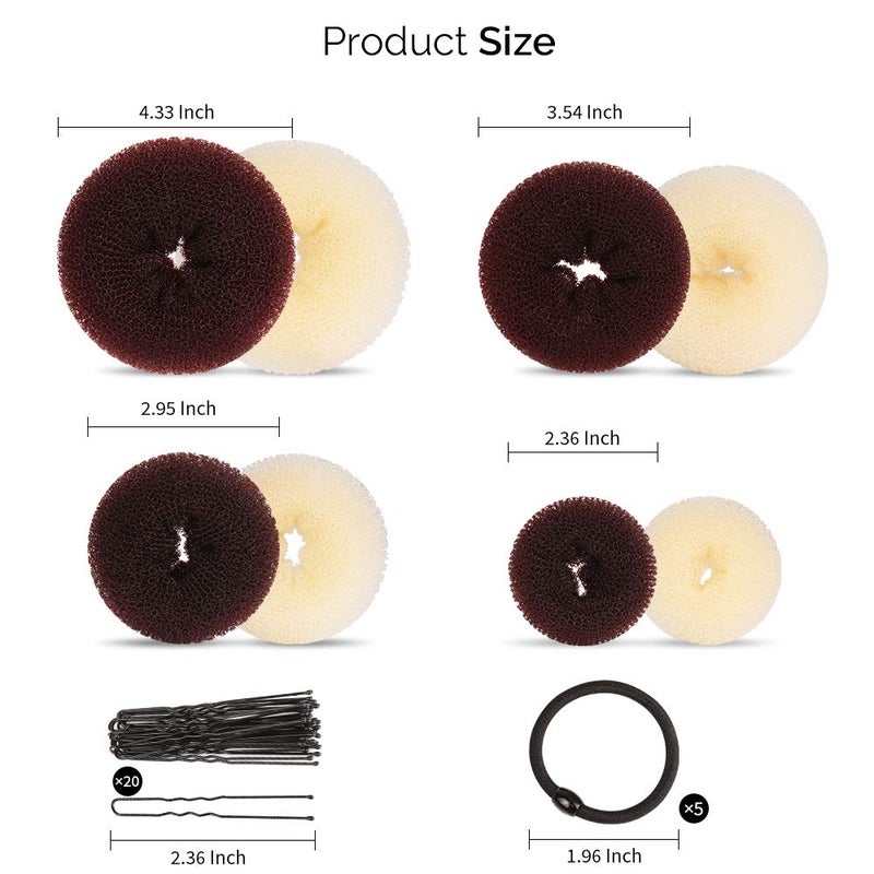FANDAMEI Hair Donut Bun Makers Set - 4 Dark Brown & 4 Beige (2 Extra-Large, 2 Large, 2 Medium, 2 Small), 5 Elastic Bands, 20 Hair Pins - Image 3