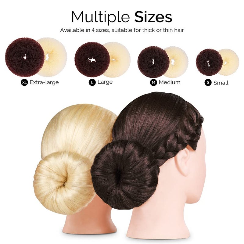 FANDAMEI Hair Donut Bun Makers Set - 4 Dark Brown & 4 Beige (2 Extra-Large, 2 Large, 2 Medium, 2 Small), 5 Elastic Bands, 20 Hair Pins - Image 2