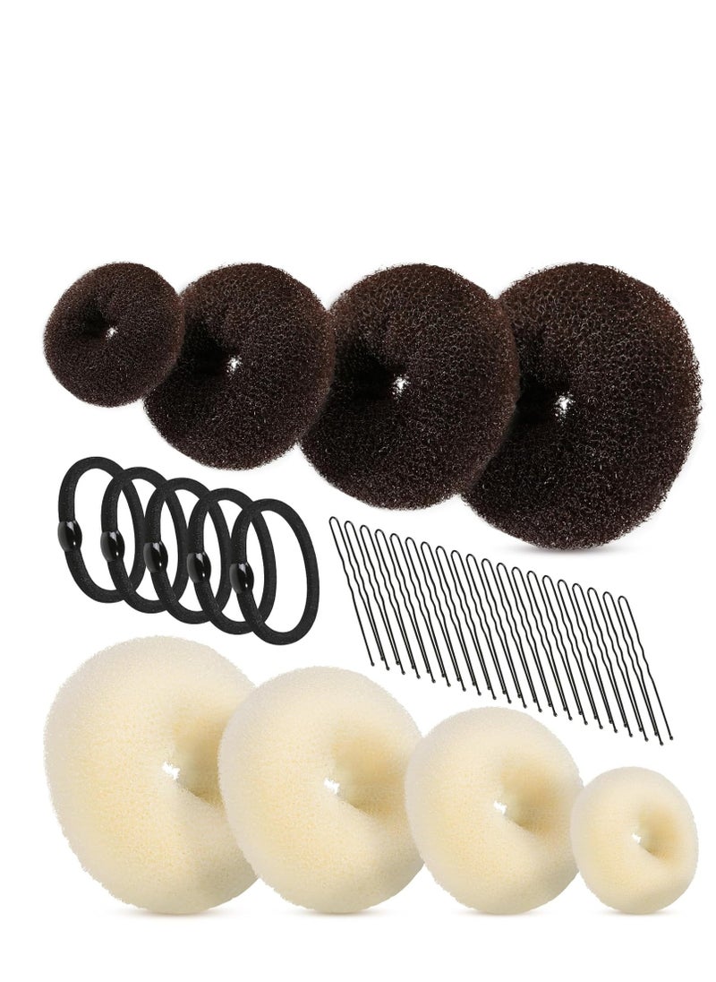 FANDAMEI FANDAMEI Hair Donut Bun Makers Set - 4 Dark Brown & 4 Beige (2 Extra-Large, 2 Large, 2 Medium, 2 Small), 5 Elastic Bands, 20 Hair Pins  - Image 1