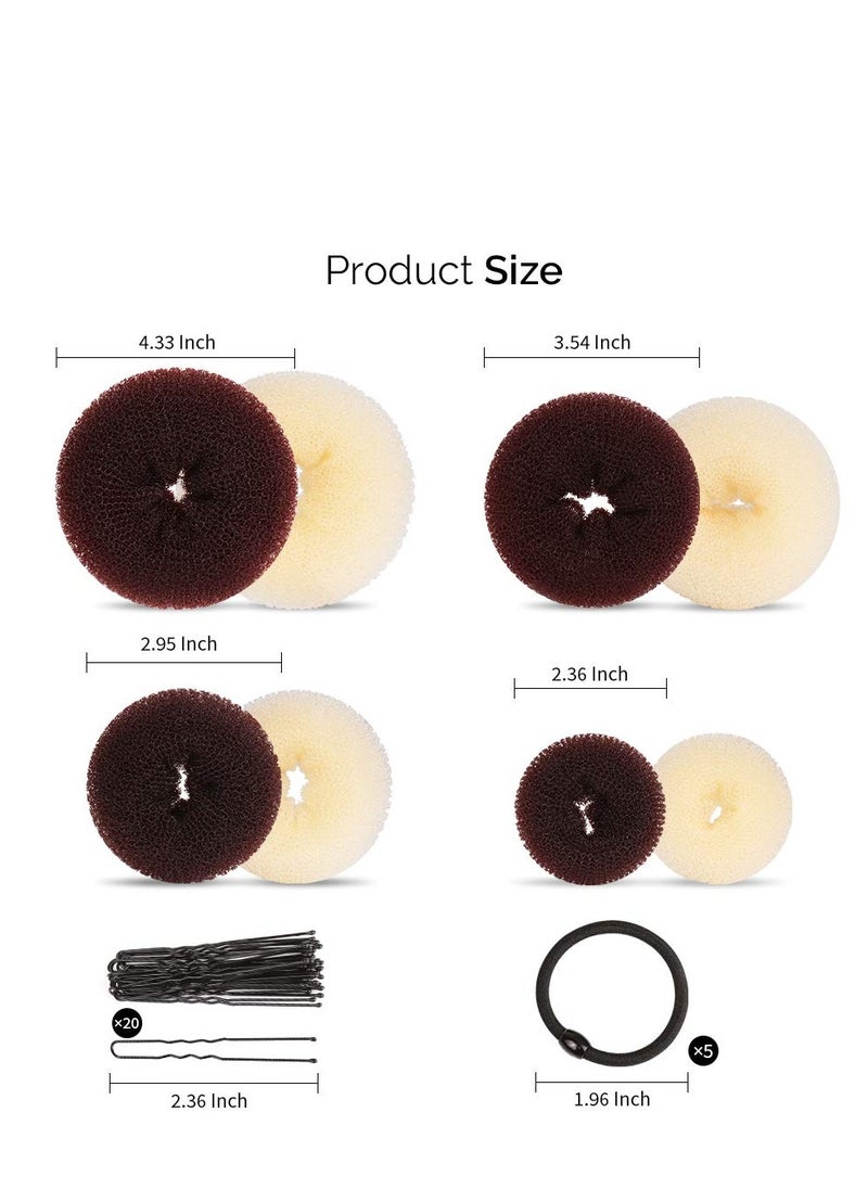 FANDAMEI FANDAMEI Hair Donut Bun Makers Set - 4 Dark Brown & 4 Beige (2 Extra-Large, 2 Large, 2 Medium, 2 Small), 5 Elastic Bands, 20 Hair Pins  - Image 2