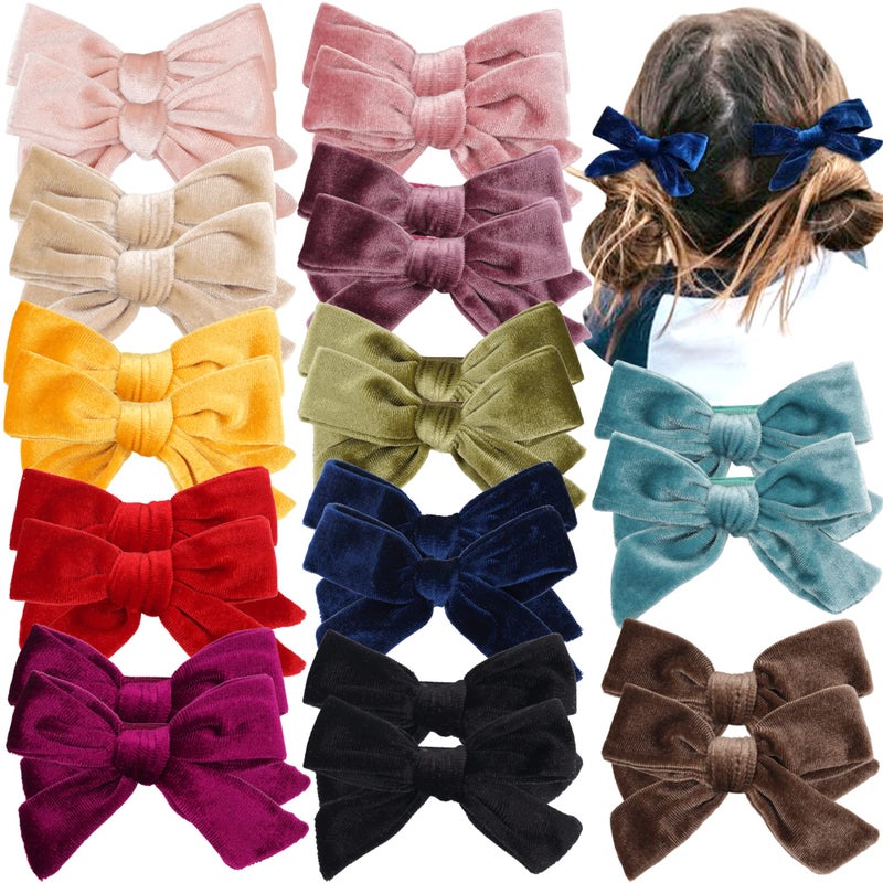 Yxiang 24PCS Velvet Hair Clips and Barrettes for Baby Girls 4 inches Hair Bows Fully Lined Non Slip Barrettes Christmas Hair Accessories for Toddler Kid Little Girl 12 Pairs