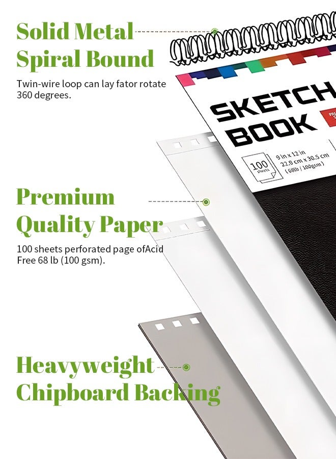 100 Sheets Blank Sketchbook 9x12 Inch Art Drawing Book Sketching Acid Free Paper Thick Professional Spiral Notebooks for Sketching Diary Memo Journal for Students - Image 3