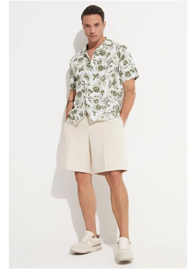 جون June Men Cotton Patterned Short Sleeve Shirt Khaki - White