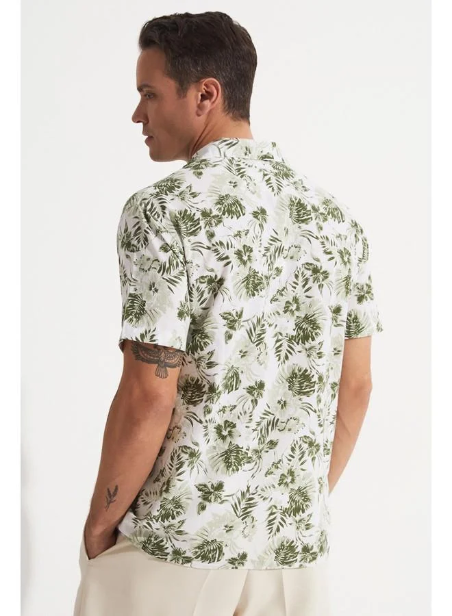 JUNE June Men Cotton Patterned Short Sleeve Shirt Khaki - White