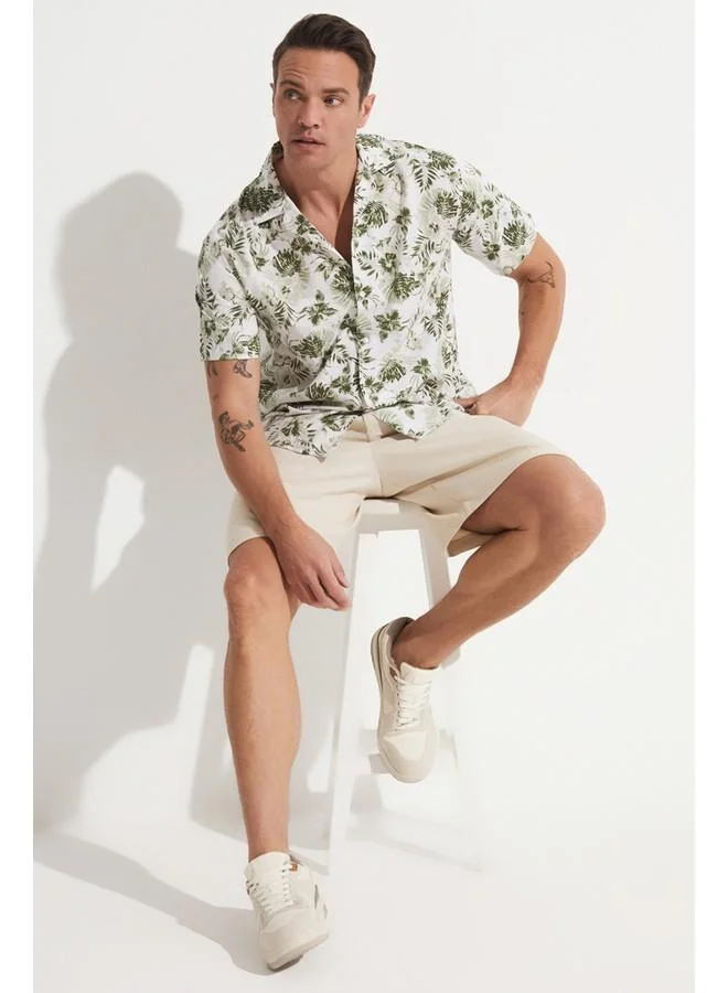 JUNE June Men Cotton Patterned Short Sleeve Shirt Khaki - White