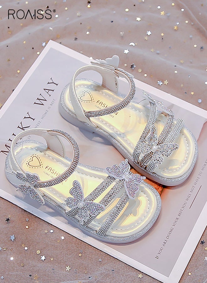 رويس صنادل بناتية لامعة مزينة بزخارف على شكل فراشات، صنادل مسطحة مفتوحة من الأمام للبنات، أحذية صيفية غير رسمية بنعال ثابتة مقاومة للانزلاق، مناسبة للارتداء اليومي أو للمدرسة أو لأي نشاط خارجي - Image 4