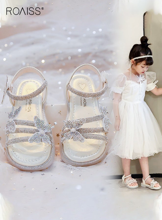 رويس صنادل بناتية لامعة مزينة بزخارف على شكل فراشات، صنادل مسطحة مفتوحة من الأمام للبنات، أحذية صيفية غير رسمية بنعال ثابتة مقاومة للانزلاق، مناسبة للارتداء اليومي أو للمدرسة أو لأي نشاط خارجي - Image 2