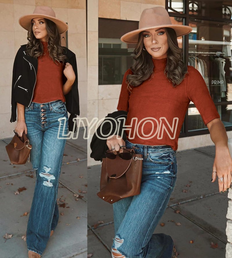 LIYOHON Womens Tops Dressy Casual Mock Turtleneck Business Short Sleeve T Shirts Going Out Tops 2025 Pumpkin-L - Image 2
